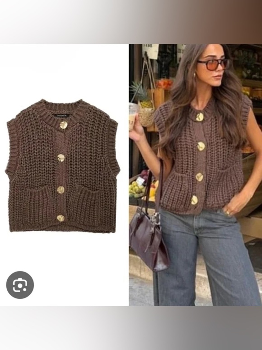 Zara Chunky Knit Button-Up Vest Sweater - Brown. Medium